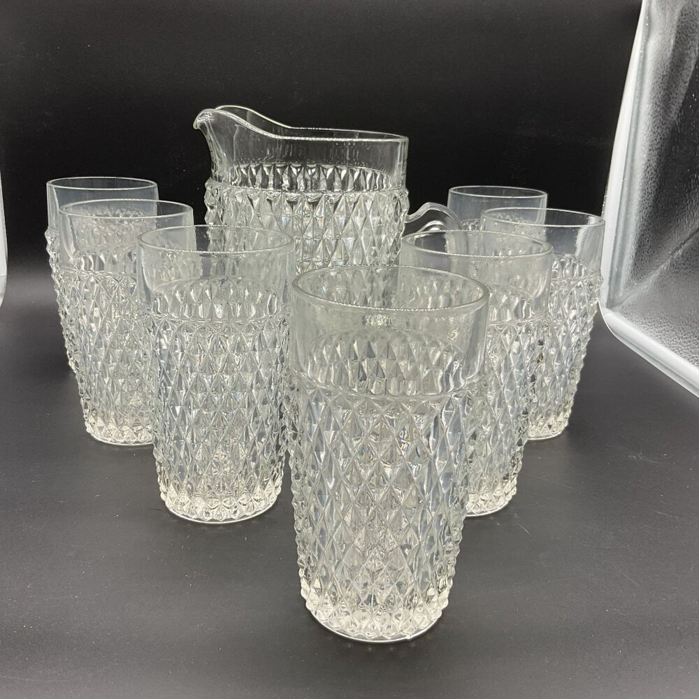Vintage Indiana Glass Diamond Point Clear Pressed Glass Pitcher & 7 Tumbler Set
